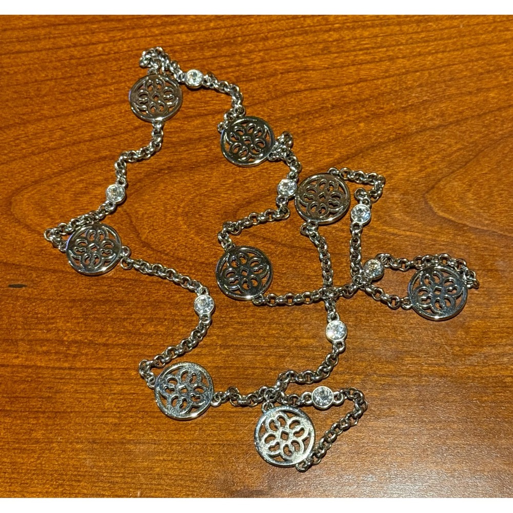 Silver Tone Floral Filigree Station Necklace with Bezel Set Crystal Accents Long